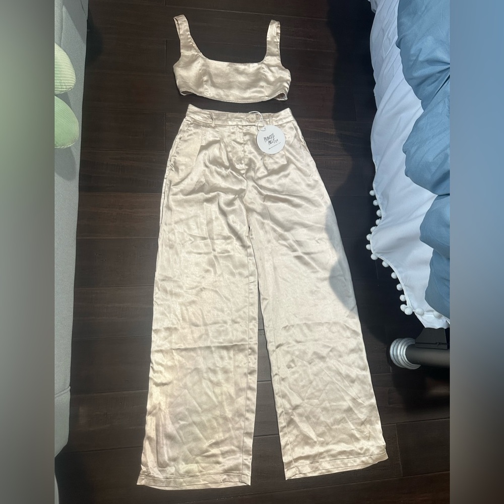 Princess Polly Huxley Set Satin | Size 4 | Champagne